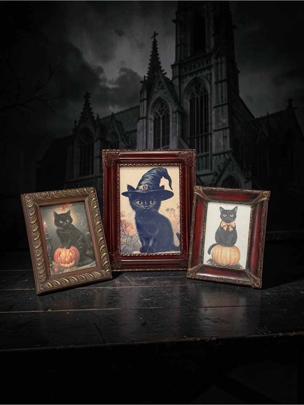 3 Vintage Black Cat Halloween Picture Frames
